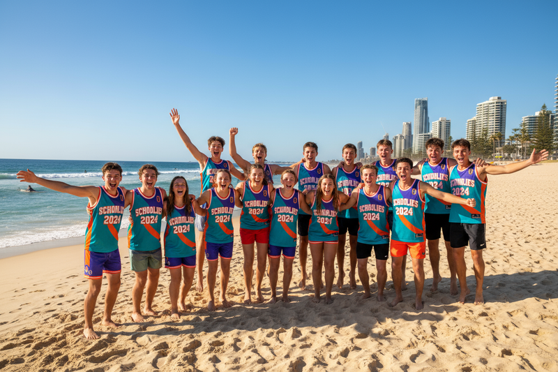 a photo of a group of year 12 students at a gold coast beach wearing matching "Schoolies 2024" basketball style jerseys.